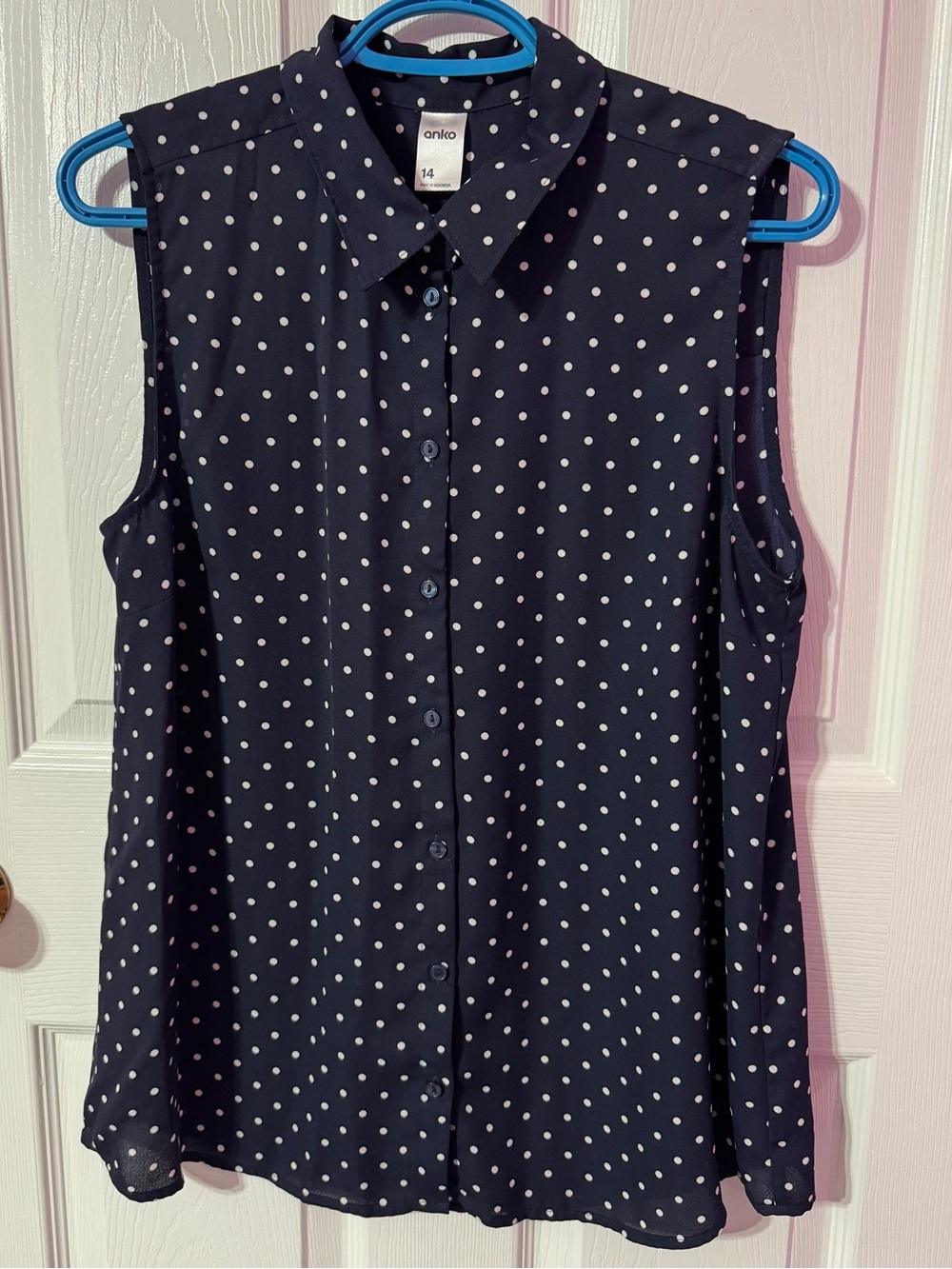 NWOT Anko Navy Sleeveless Polka Dot Button-Front Blouse